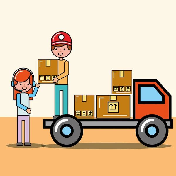 Futár fiú teherautó és üzemeltető lány csomagok logisztikai és szállítási — Stock Vector