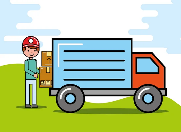 Mensajero hombre transporte cajas camión logística y entrega — Archivo Imágenes Vectoriales