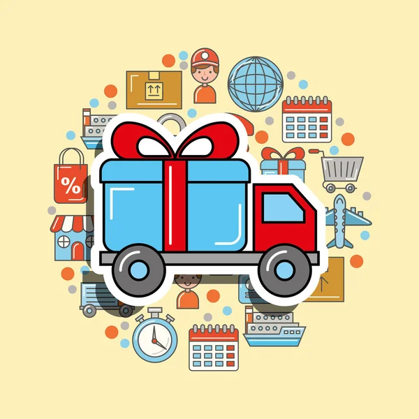 LKW Geschenk-Box Transport Logistik und Lieferung — Stockvektor