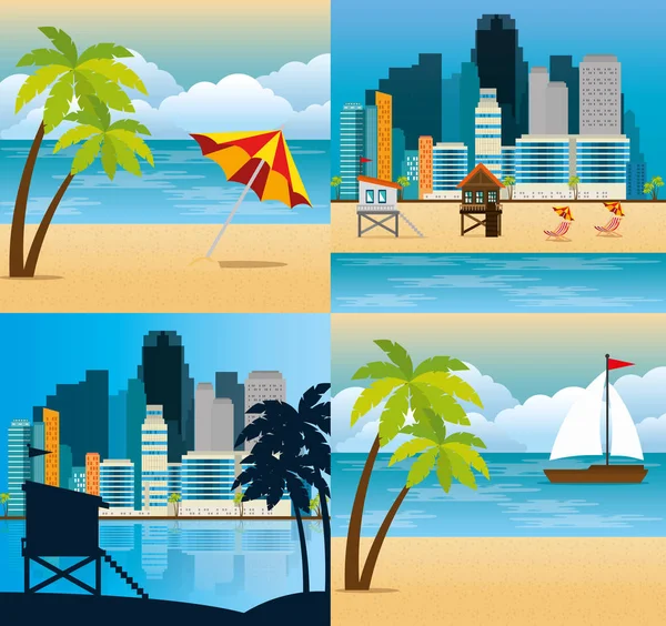 Miami beach cityscape set scenes — Stock Vector