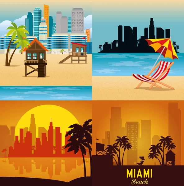 Miami beach cityscape set scenes — Stock Vector