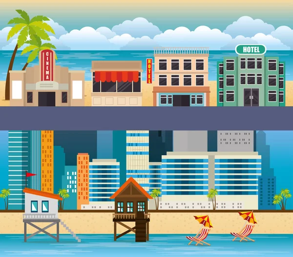 Miami beach cityscape set scenes — Stock Vector