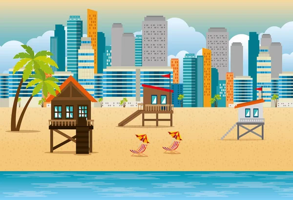 Miami playa paisaje urbano conjunto escenas — Vector de stock