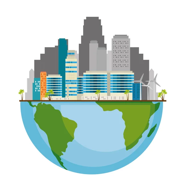 Ecology green city with earth planet — Stock Vector