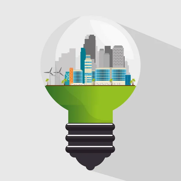 Ampoule avec écologie verte scène de ville — Image vectorielle