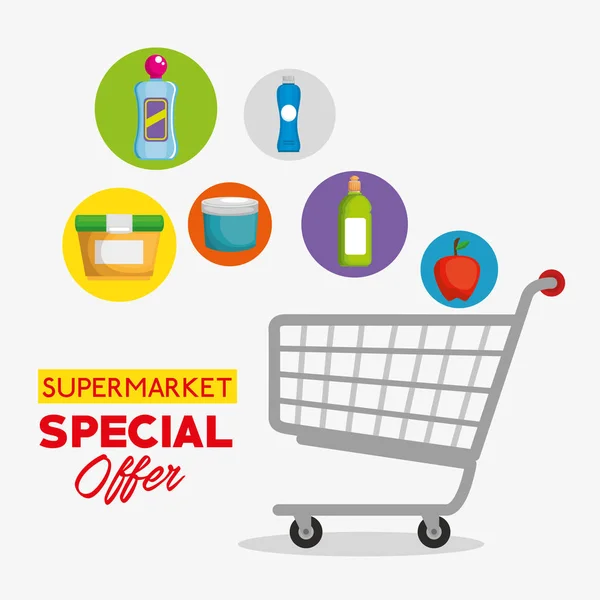 Supermercado produtos no carrinho de compras —  Vetores de Stock