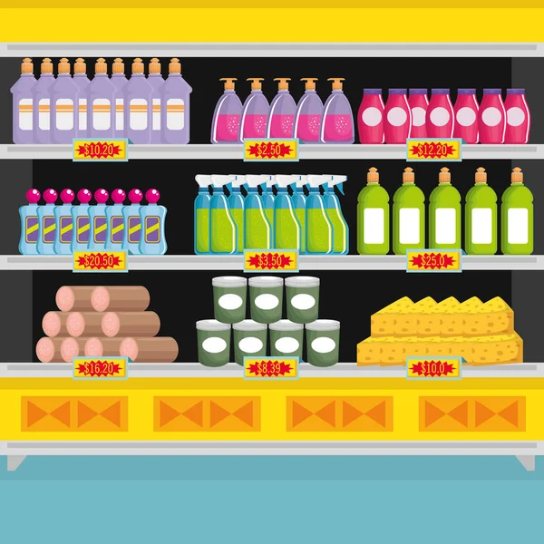 Estanterías de supermercados con productos — Vector de stock