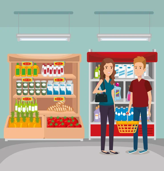 Supermarkt Shelvings Met Mensen Kopen Van Vector Illustratie Ontwerp — Stockvector
