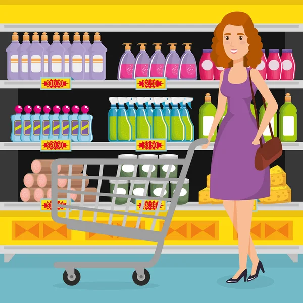 Supermarkt shelvings met vrouw kopen — Stockvector