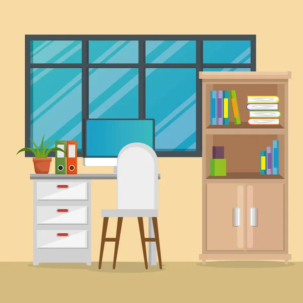 Oficina lugar de trabajo escena iconos — Vector de stock