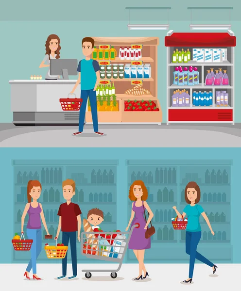 Estanterías de supermercados con gente comprando — Vector de stock