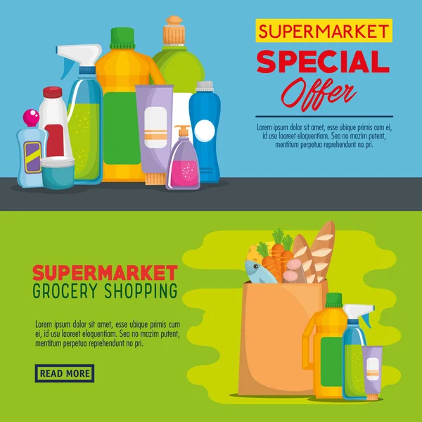 Süpermarket ürünleri özel kampanya ile ayarla — Stok Vektör