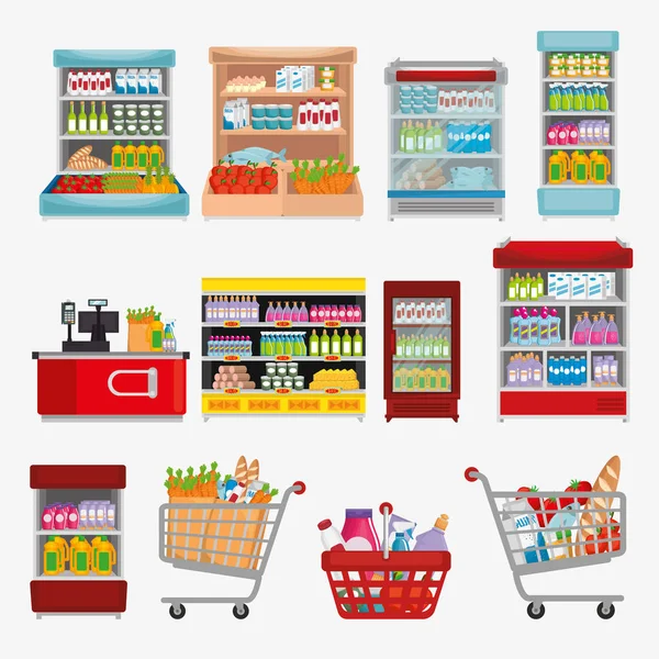 Supermarket Stelaże z produktami — Wektor stockowy