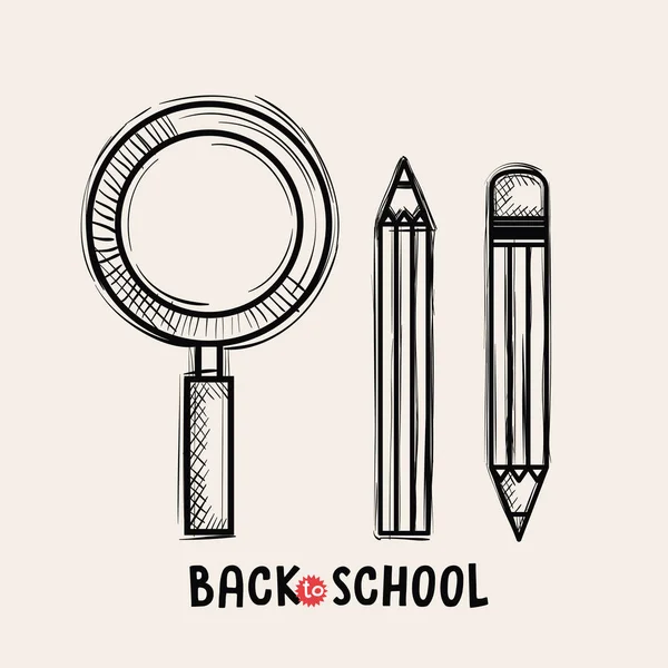 Lupa y lápices escuelas suministros dibujo — Vector de stock