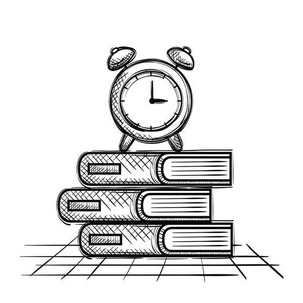 Libros de pila y alarma reloj escuela suministros dibujo — Archivo Imágenes Vectoriales
