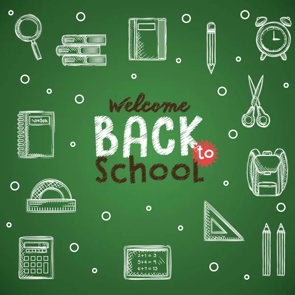 Back to school set icons drawing in chalkboard — Stock Vector