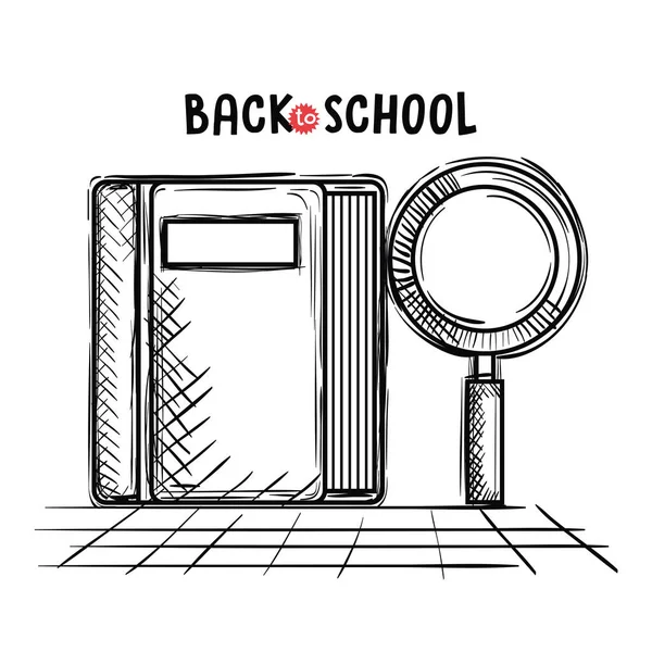 Lupa e livro material escolar desenho —  Vetores de Stock