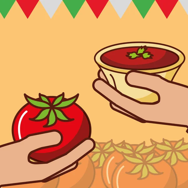 Manos Con Tomate Salsa Mexicana Vector Alimentos Ilustración — Vector de stock