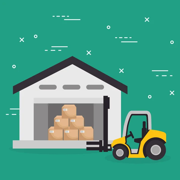 Vehículo montacargas con cajas servicios logísticos — Vector de stock