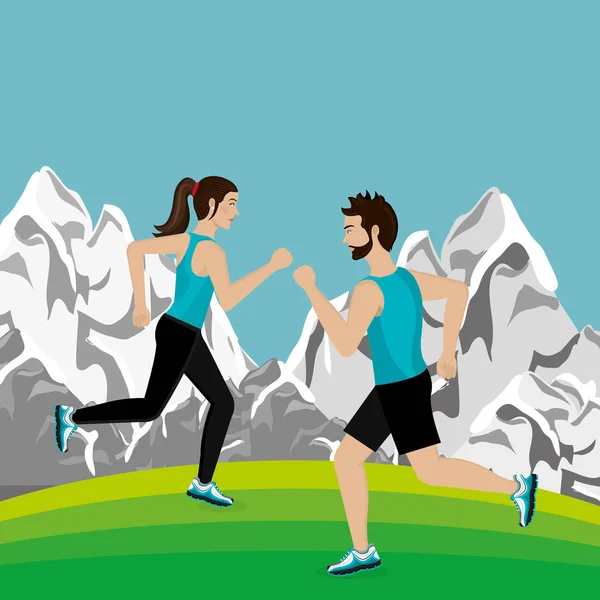 Pareja corriendo en el paisaje — Vector de stock