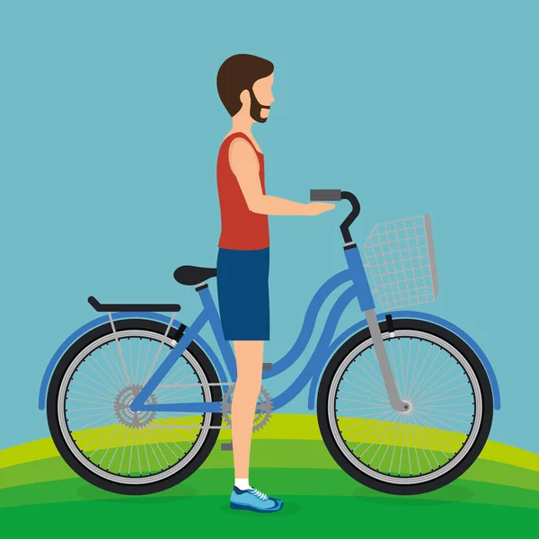 Человек с велосипедом в пейзаже — стоковый вектор