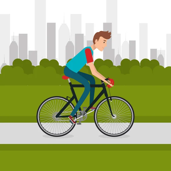 Man with bicycle in the landscape — Stock Vector