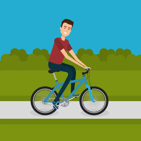 Homme avec vélo dans le paysage — Image vectorielle