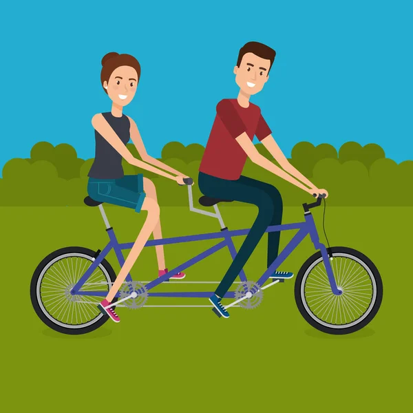 Couple avec vélo dans le paysage — Image vectorielle