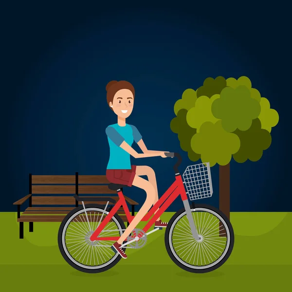 Mujer con bicicleta en el paisaje — Vector de stock