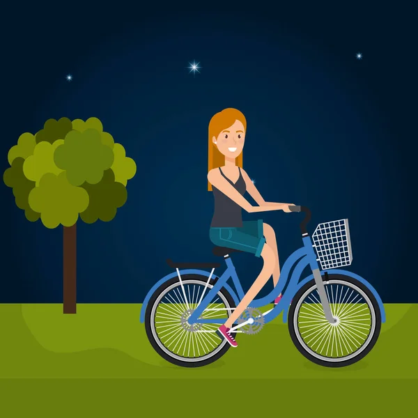 Mujer con bicicleta en el paisaje — Vector de stock