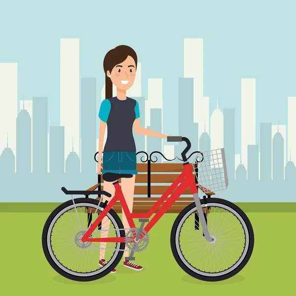 Woman with bicycle in the landscape — Stock Vector