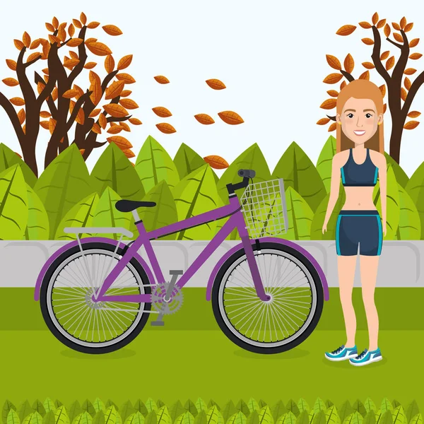 Mujer con bicicleta en el paisaje — Vector de stock