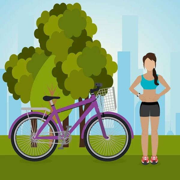 Mujer con bicicleta en el paisaje — Vector de stock