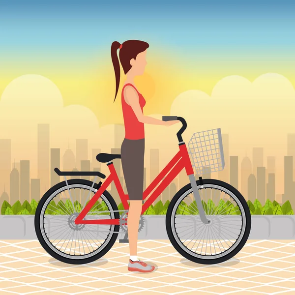 妇女与自行车在风景 — 图库矢量图片