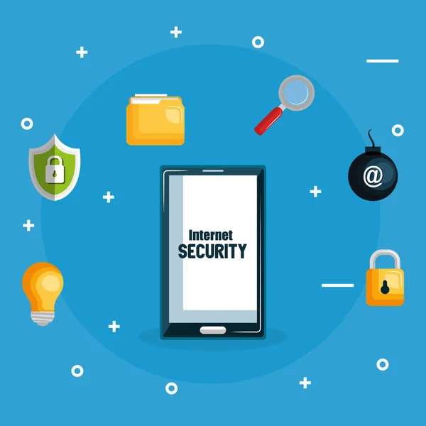 Smartphone con iconos de seguridad en Internet — Vector de stock