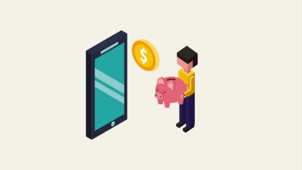 Hombre haciendo depósito bancario con monedas de cerdo — Vídeo de stock