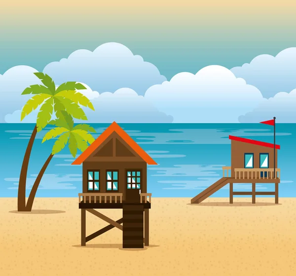 Beach with lifeguard tower scene — Stock Vector