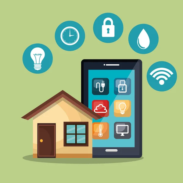 Smartphone che controlla la casa intelligente — Vettoriale Stock