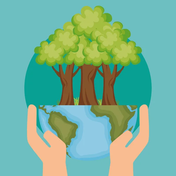 Planeta del mundo con icono de la ecología de árboles — Vector de stock