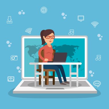 Sosyal medya simge ile çalışan kadın