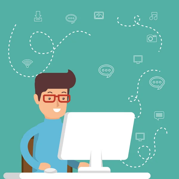 Hombre trabajando con iconos de redes sociales — Vector de stock