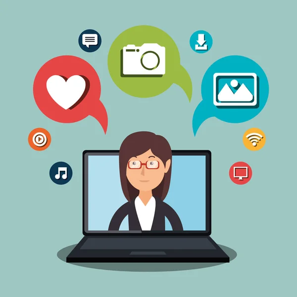 Mulher trabalhando com ícone de mídia social —  Vetores de Stock