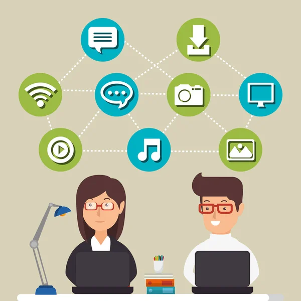 Pessoas que trabalham com ícones de mídia social —  Vetores de Stock