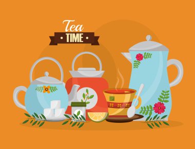 çay saati - Çaydanlıklar ve çay fincanı şeker limon kaşık ve çiçek dekorasyon