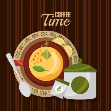 üstten görünüm çay fincanı limon kaşık ve şeker ahşap tablo