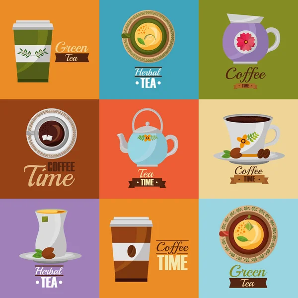 Кофе и чай время установить чайник кофеварка чашки — стоковый вектор
