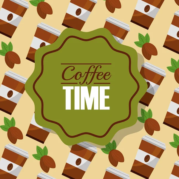 Tiempo de café taza de papel y granos de fondo — Vector de stock