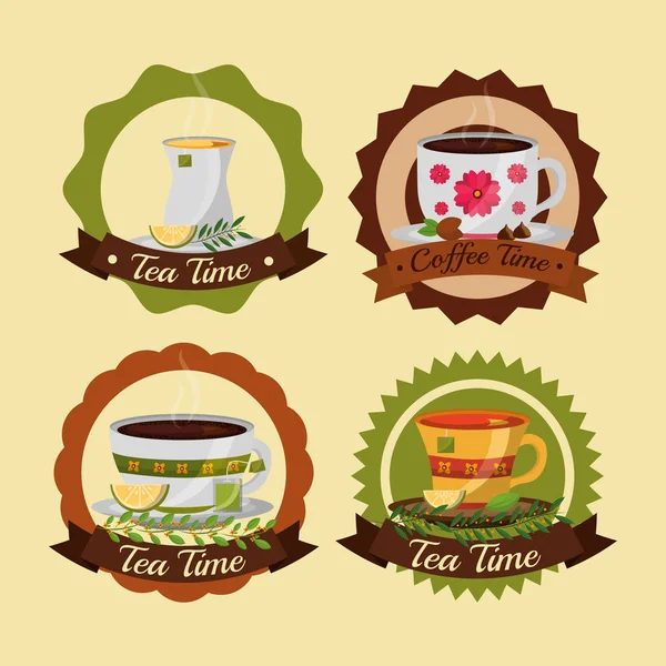 Kaffee- und Teezeit-Set Tassen Blumen Dekorationsetiketten — Stockvektor