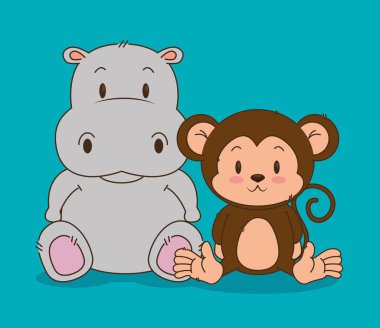 sevimli küçük su aygırı ve maymun karakterler