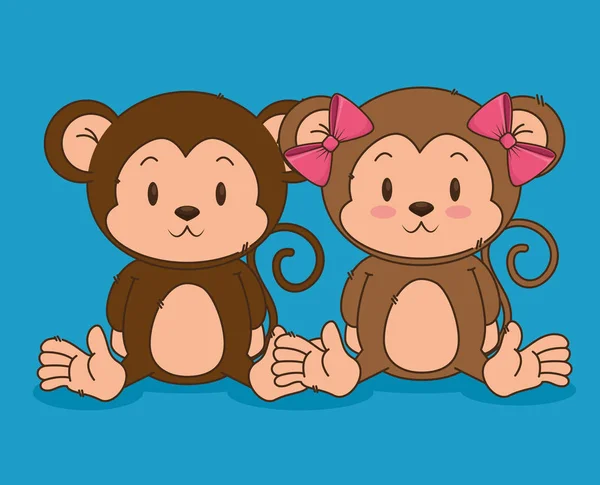 Pequeños monos lindos pareja personajes — Vector de stock